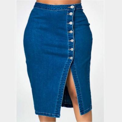 high rise denim pencil skirt