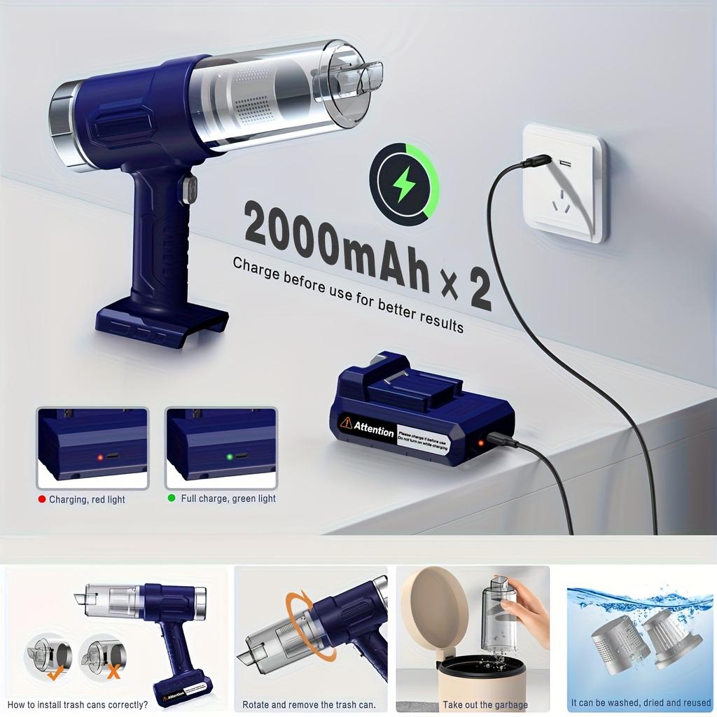 Wireless handheld car vacuum cleaner, rechargeable, washable dual filtration, low noise, suitable for cars and homes, portable and durable