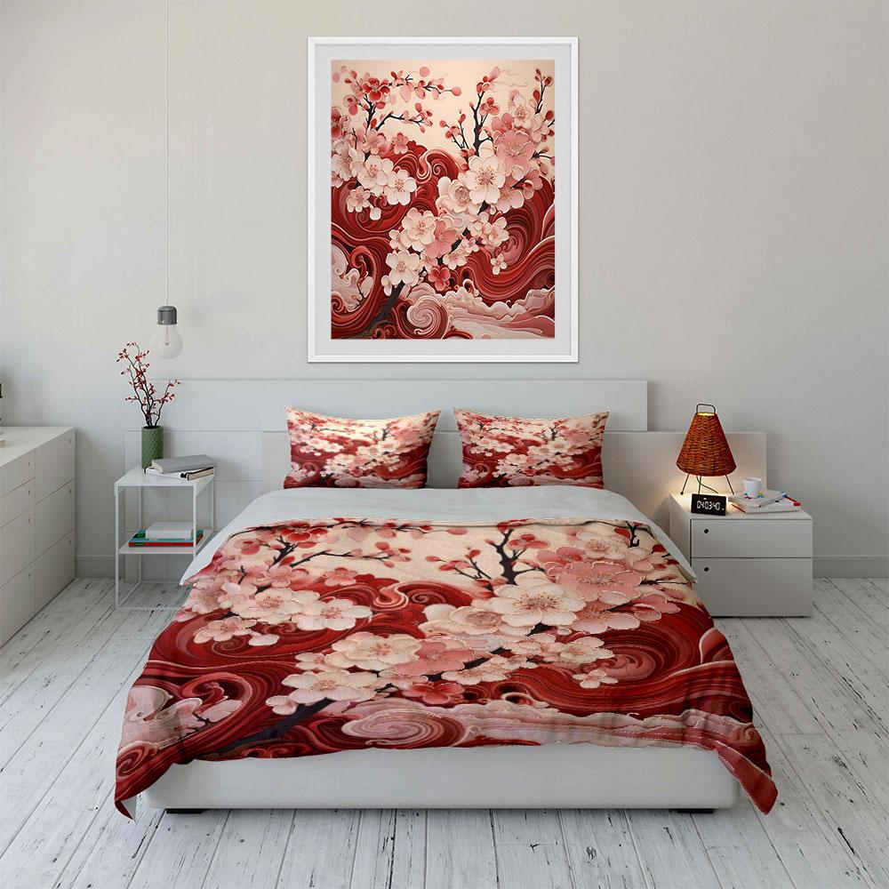 Cherry Blossom Art Decor Set Bedding Set with 1 Duvet Cover 2 Pillowcases Single Double King Queen, Gift