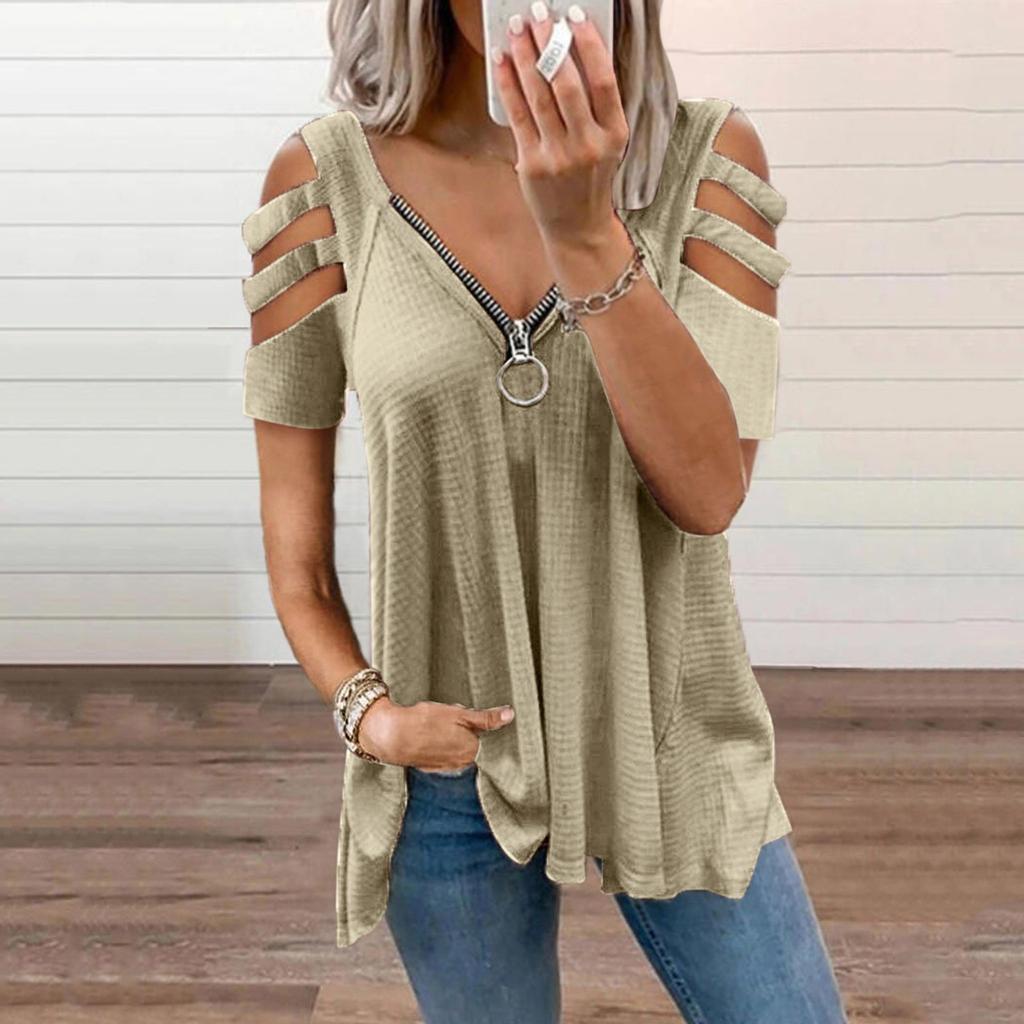 Womens Sexy V-neck Collar Zipper Color Short Sleeve Fold Casual Blouse Tops