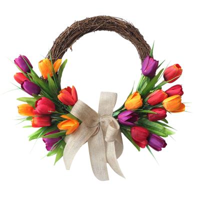 Tulip Wreath Colorful Artificial Silk Flower Ring 40cm Natural Vine Base Home Decor
