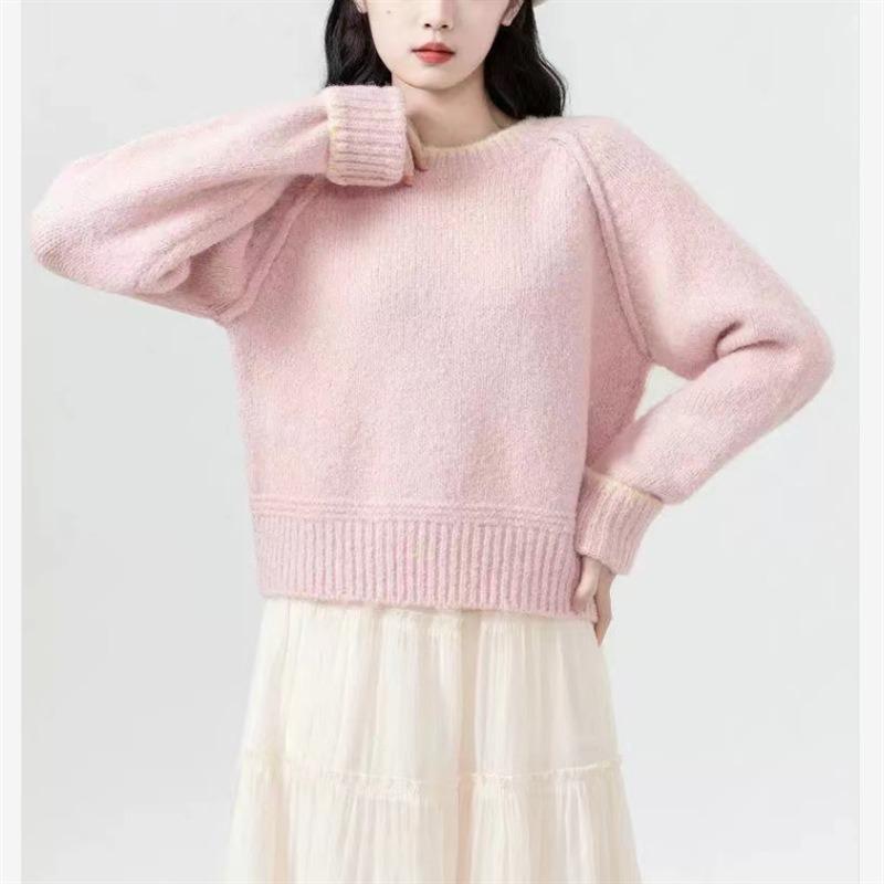 

Sweater autumn wear crew neck contrasting color pullover knitted sweater women s autumn and winter new long-sleeved women s clothing top coat one size fits all розовый