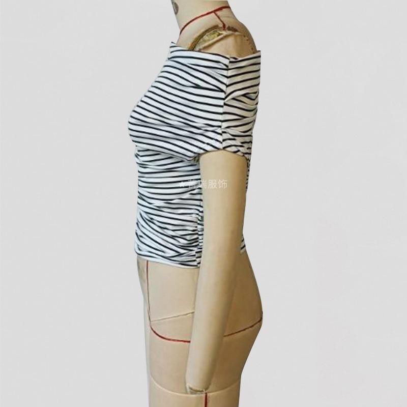 Women's Summer Slant Neck Striped Spice Girls Slim-fit Off-the-shoulder Short-sleeved T-shirt