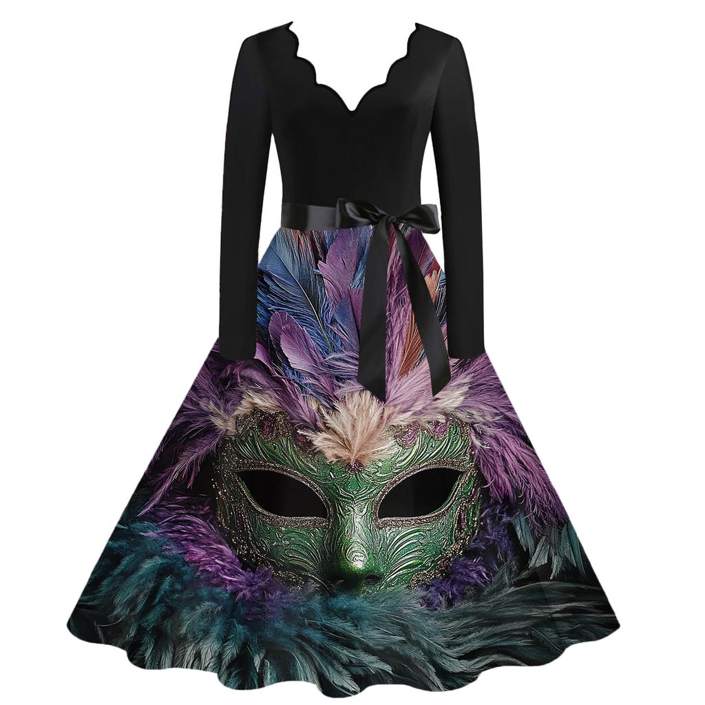 Dámské ležérní módní šaty s výstřihem do V a vintage potiskem karnevalu