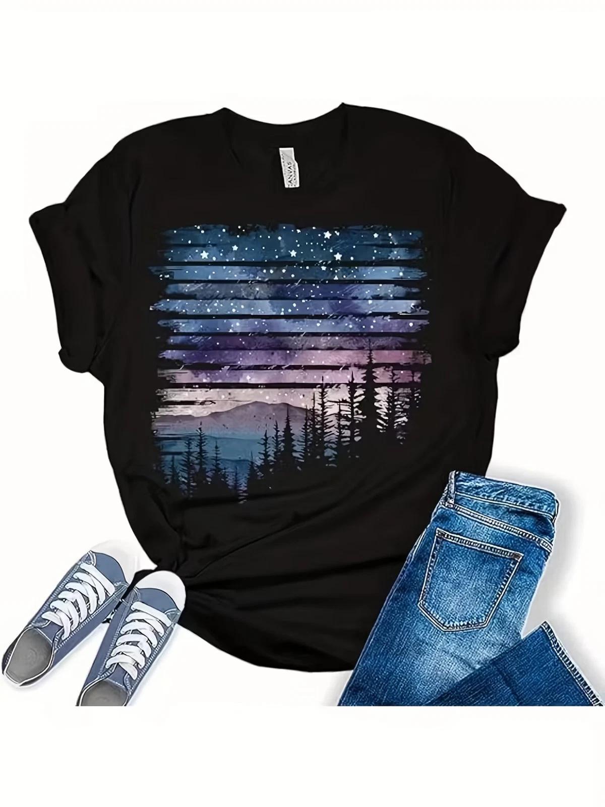 Casual Pine Tree & Mountain Sunrise Print T-Shirt - Soft Breathable All-Season O XL