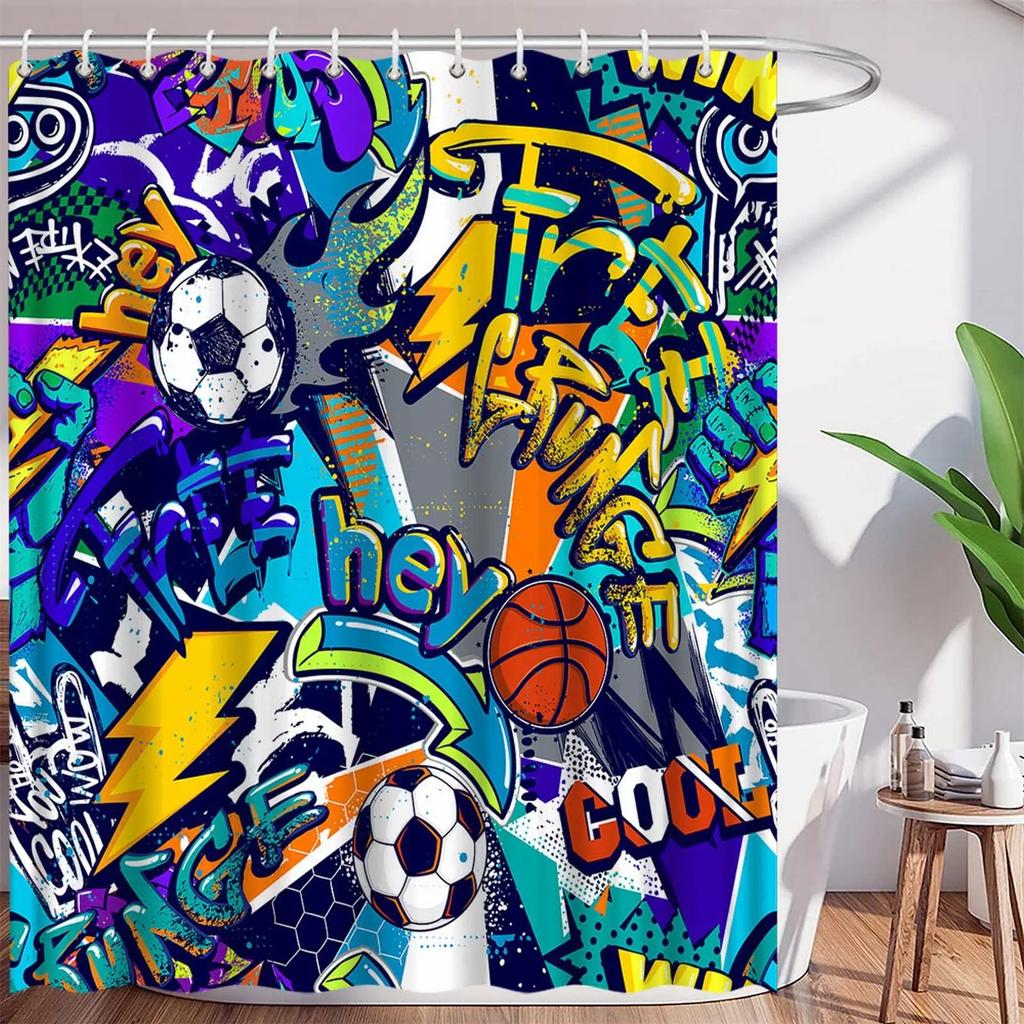 Abstract Football Pattern Shower Curtain Sport Theme Soccer Black and White Colors Waterproof Polyester Bath Curtain with Hooks