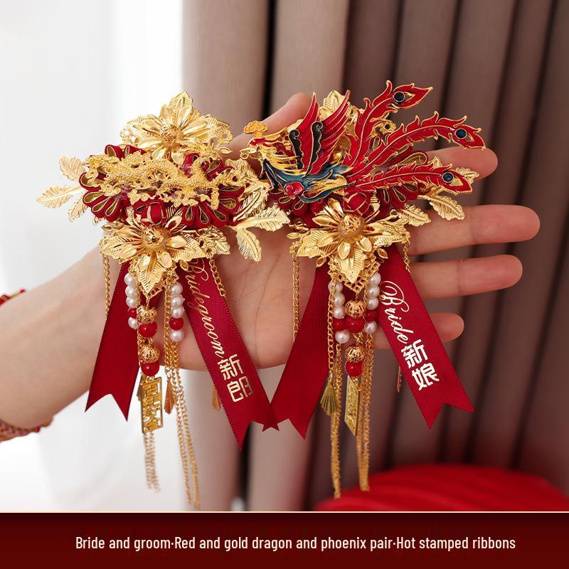 Dragon & Phoenix Wedding Corsage Set: 2 Corsages for Bride, Groom, & Parents