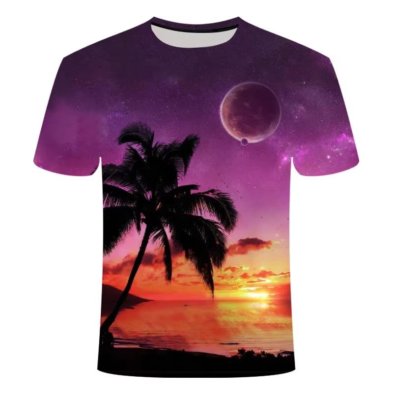 Coconut Plant 3D Printing T-shirts Vacation Sunset Short Sleeves Outdoor Street Summer Round Neck Men's and Women's Unisex T-shirts