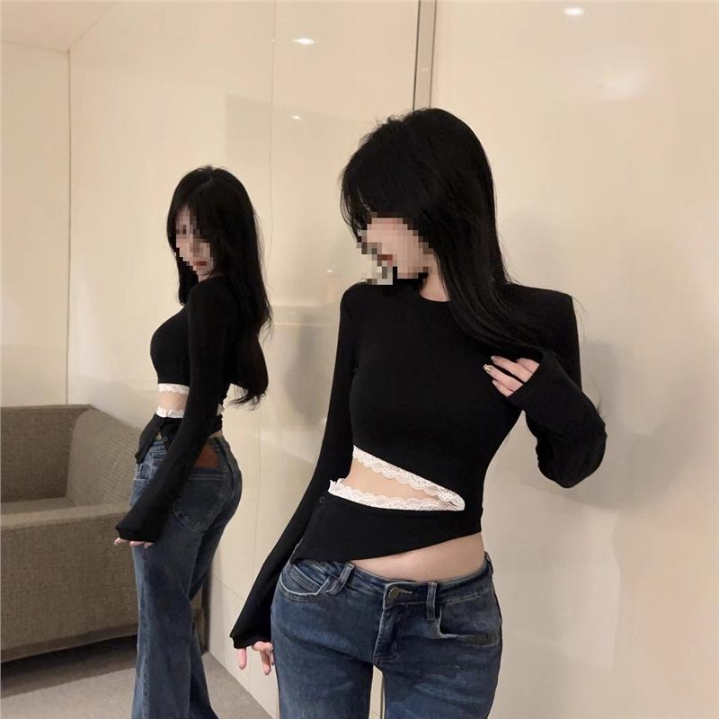 

Женский кроп-топ Y2K с вырезами и нерегулярными длинными рукавами Medium чёрный