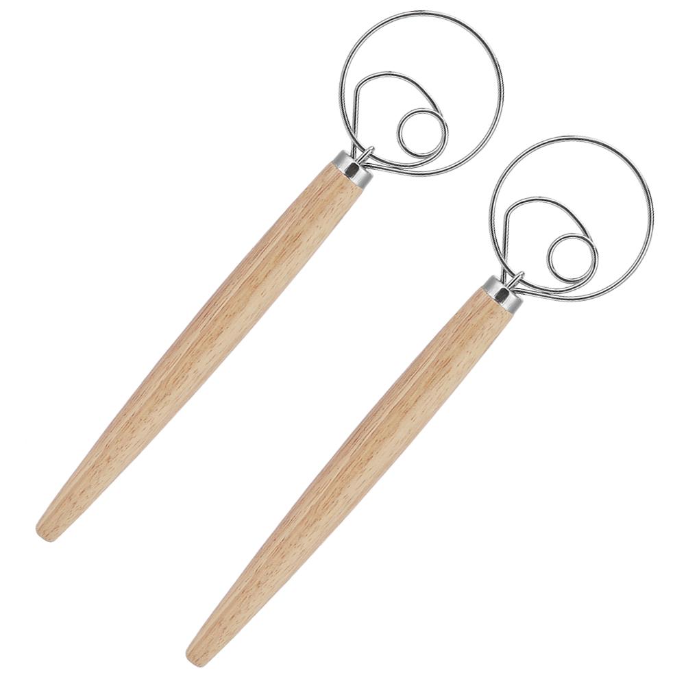 2Pcs Stainless Steel Dough Mixer Blender Manual Eggbeater with Oak Handle Kitchen Accessory
