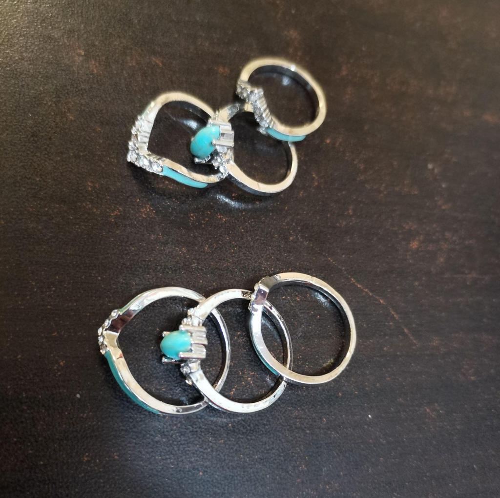 Retro Three-Piece Diamond and Turquoise Stackable Ring Set for Women