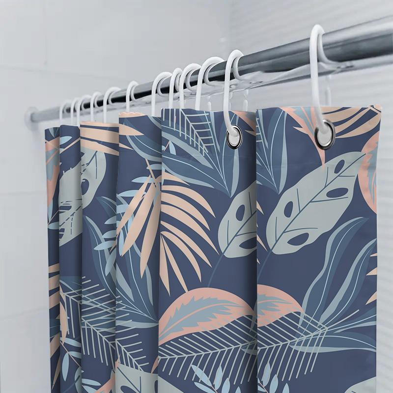Modern Tropical Blue Pink Feather Shower Curtain for Bathroom Decor Navy Floral Pattern Waterproof Fabric Size180x245cm (70x96