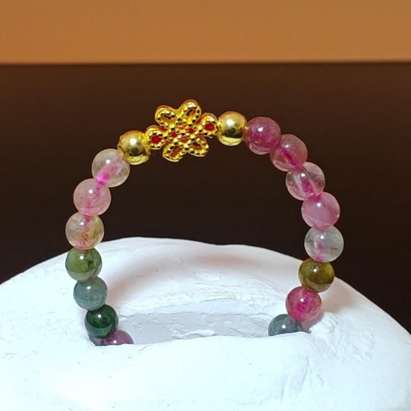 Natural Crystal Tourmaline Cat Paw Lucky Ring with Elastic Beaded Band