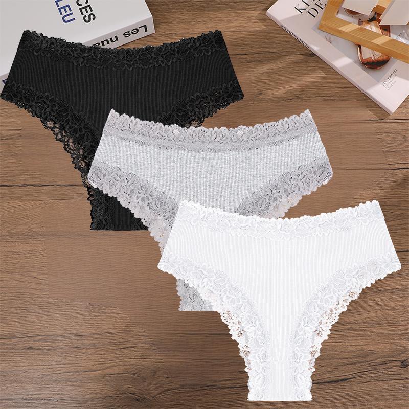 FINETOO 3Pcs Women Cotton Lace Panties Floral Intimate Briefs High Waist Brazilian Panties Female Soft Underpants Lingerie S-XXL