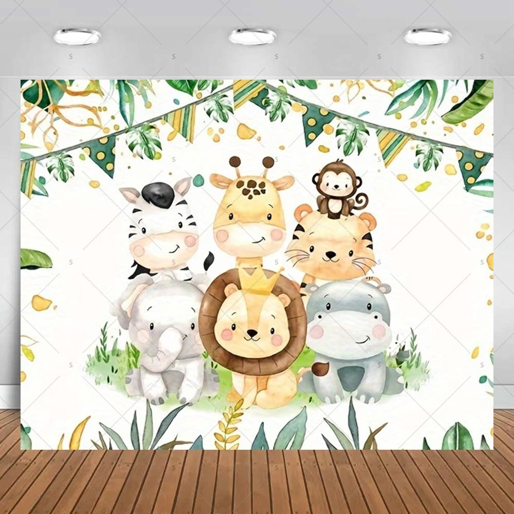 Tropical jungle and safari themed photography backdrop banner, cute cartoon pattern, for baby shower, birthday37