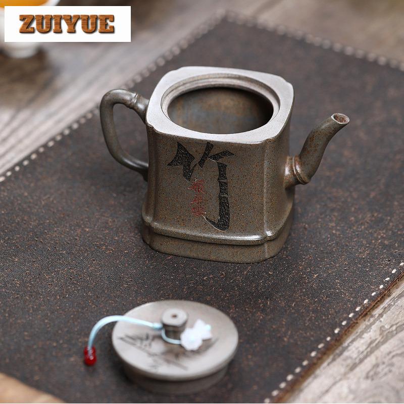300ml Handmade Yixing Purple Clay Teapots Handmade Square Bamboo Joint Pot Raw Ore Crust Green Mud Kettle Chinese Zisha Tea Set