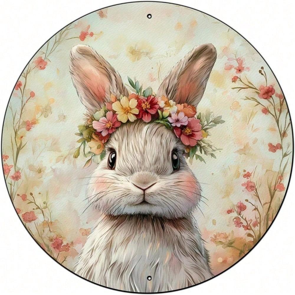 Happy Easter Bunny Rabbit Round Tin Metal Sign Vintage Wall Art Home Decor Gift