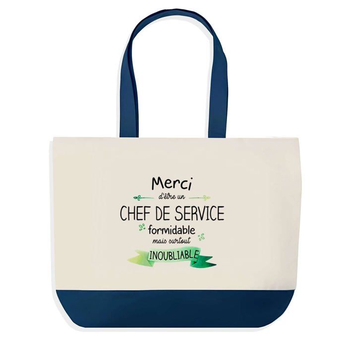 Sac cabas - PLANETEE - Merci Chef de Service Inoubliable - Fond bleu - Coton 40x45 cm - Grand format