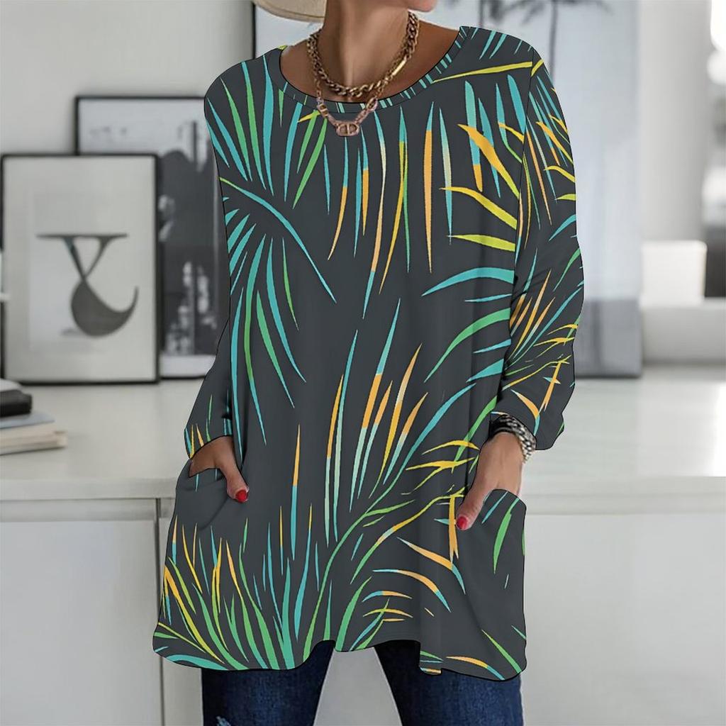 Ladies Plus Size Crew Neck Long Sleeve Tunic Soft Oversized Tops For Household And Casual Outdoor Wear