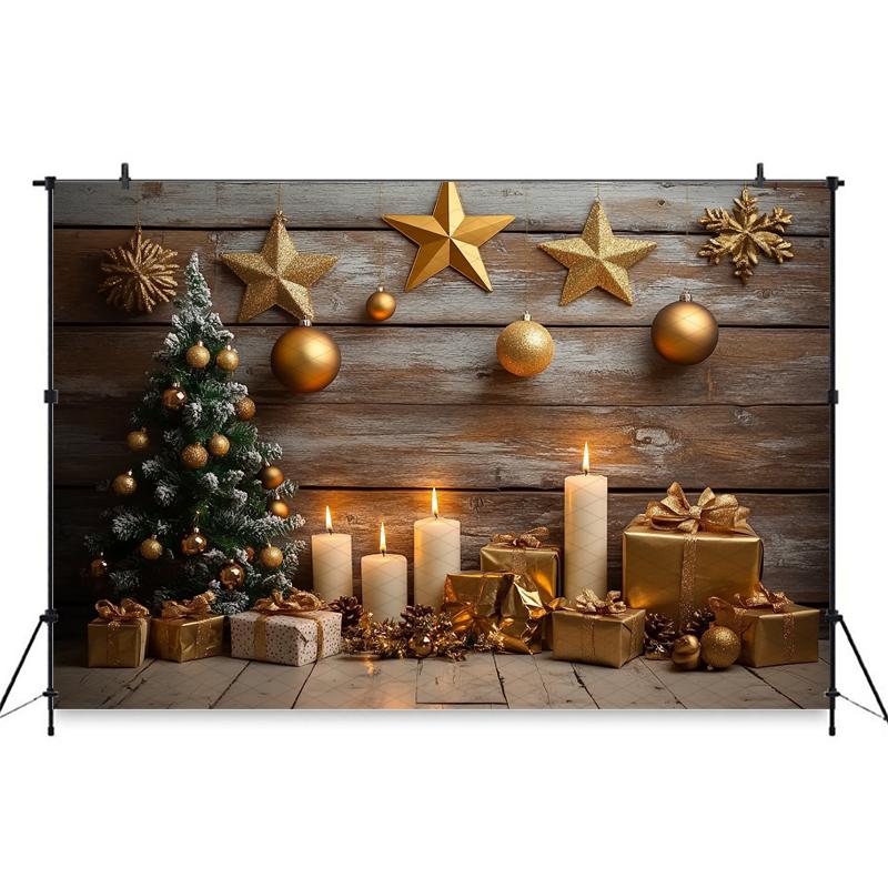 Christmas Tree Backdrop Photography Baby Shooting Props Golden Ball Star Gifts Candle Wood Wall Background Decorations Photozone