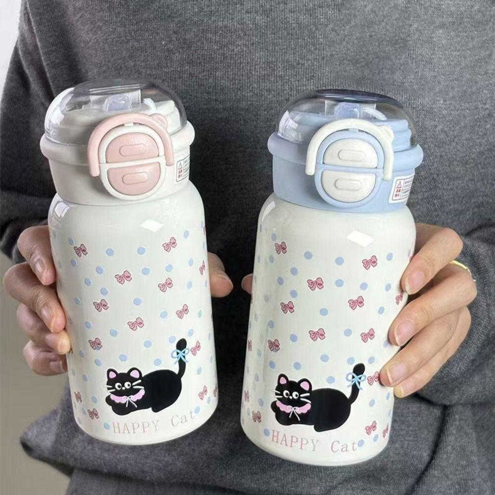 Leak-proof Thermal Water Bottle Straw Design Bouncing Insulated Tumbler Cat Thermos Cup  Student