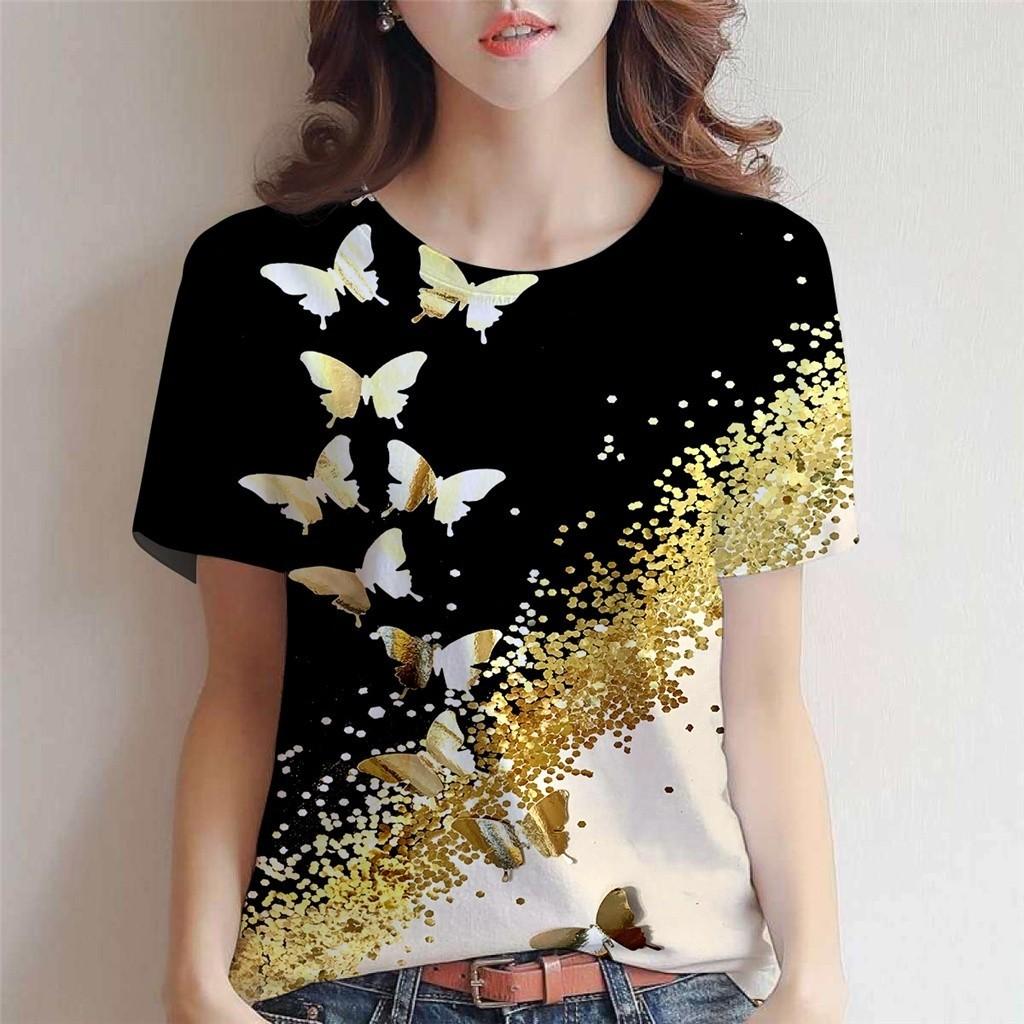 Summer women s T-shirt, 3D butterfly print round neck short-sleeved top, fashionable plus size women s T-shirt, retro style. XXS
