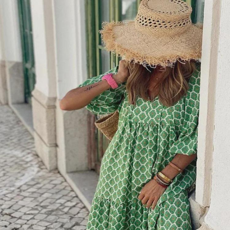 Maxi Dress Women European American Street Style Geometric Puff Sleeve