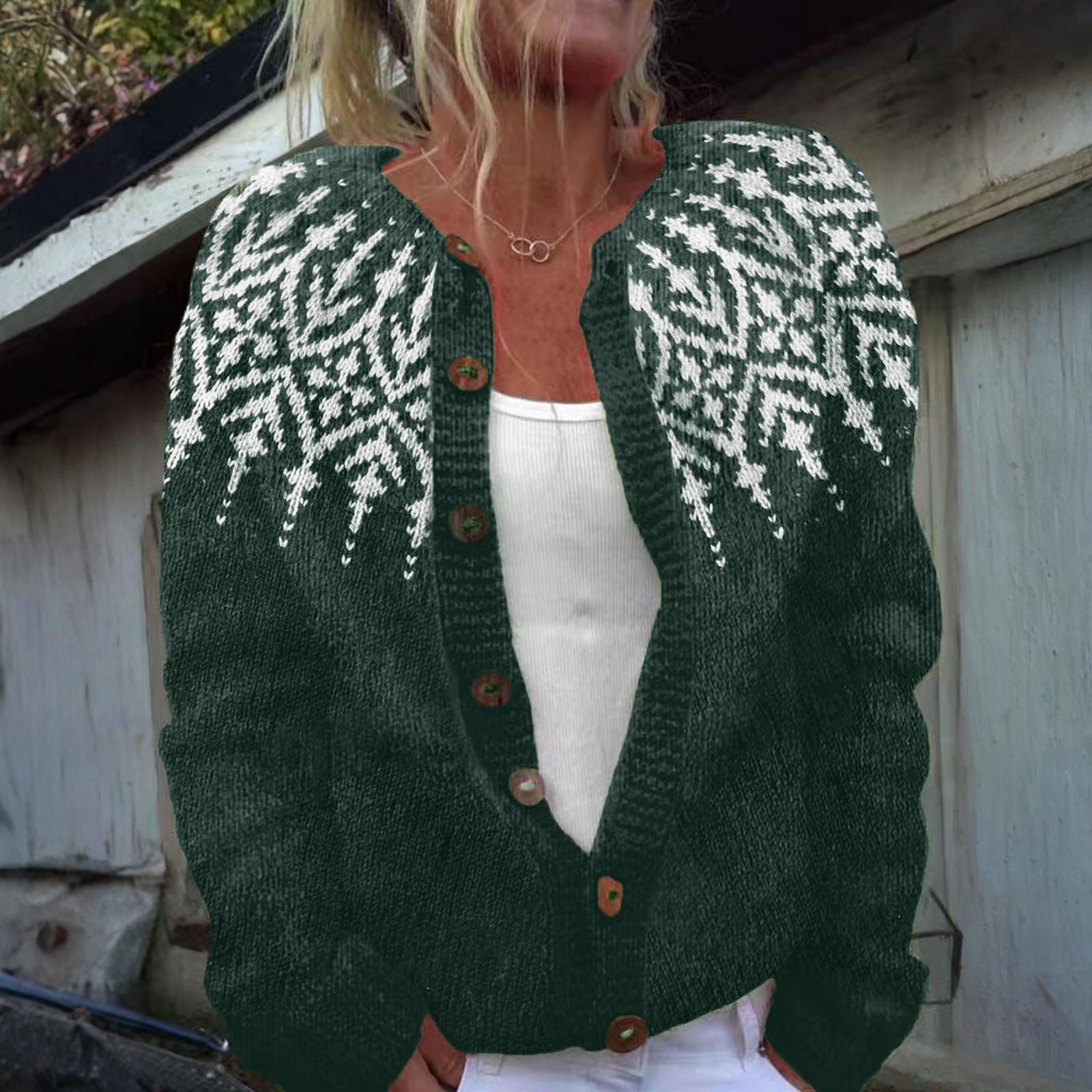 

Кардиганы в стиле Fair Isle для женщин, с круглым вырезом, свободного кроя, на пуговицах, объемный свитер, с открытой передней частью, повседневная вязаная куртка на осень L армия зеленый