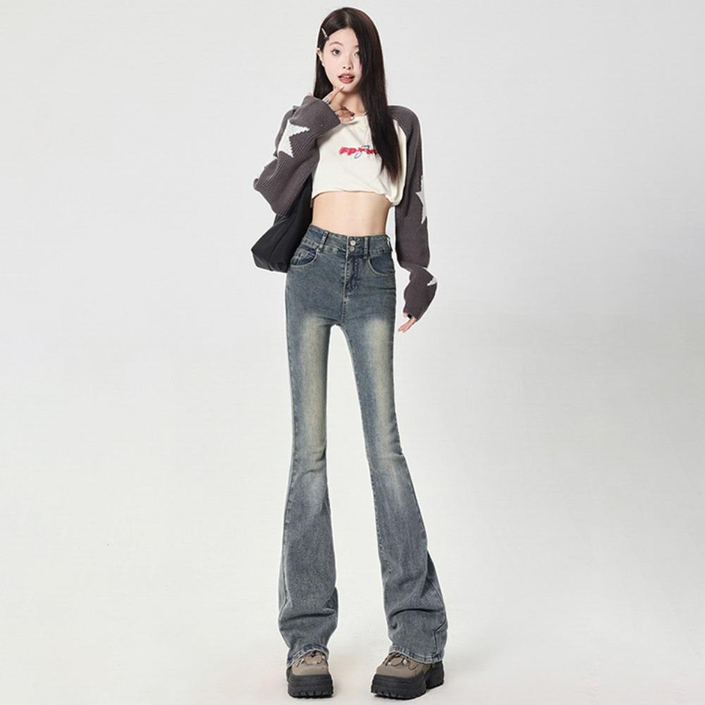 

American retro new micro-flared jeans women s high waist thin elastic small mopping horseshoe pants XL