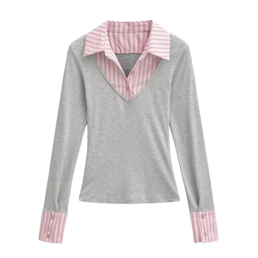 Women's College-Style Faux Two-Piece Striped Patchwork Slimming Long-Sleeve Lapel T-Shirt, Autumn/Winter Korean Style.