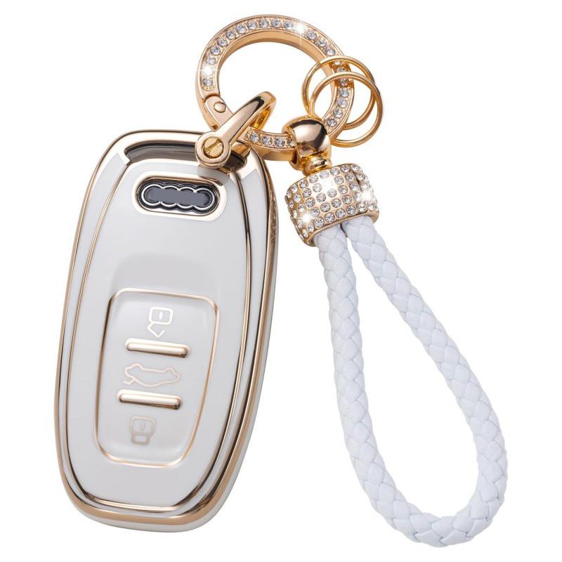 Gold-Rimmed Car Key Set with Diamond Ring Pendant Key Chain