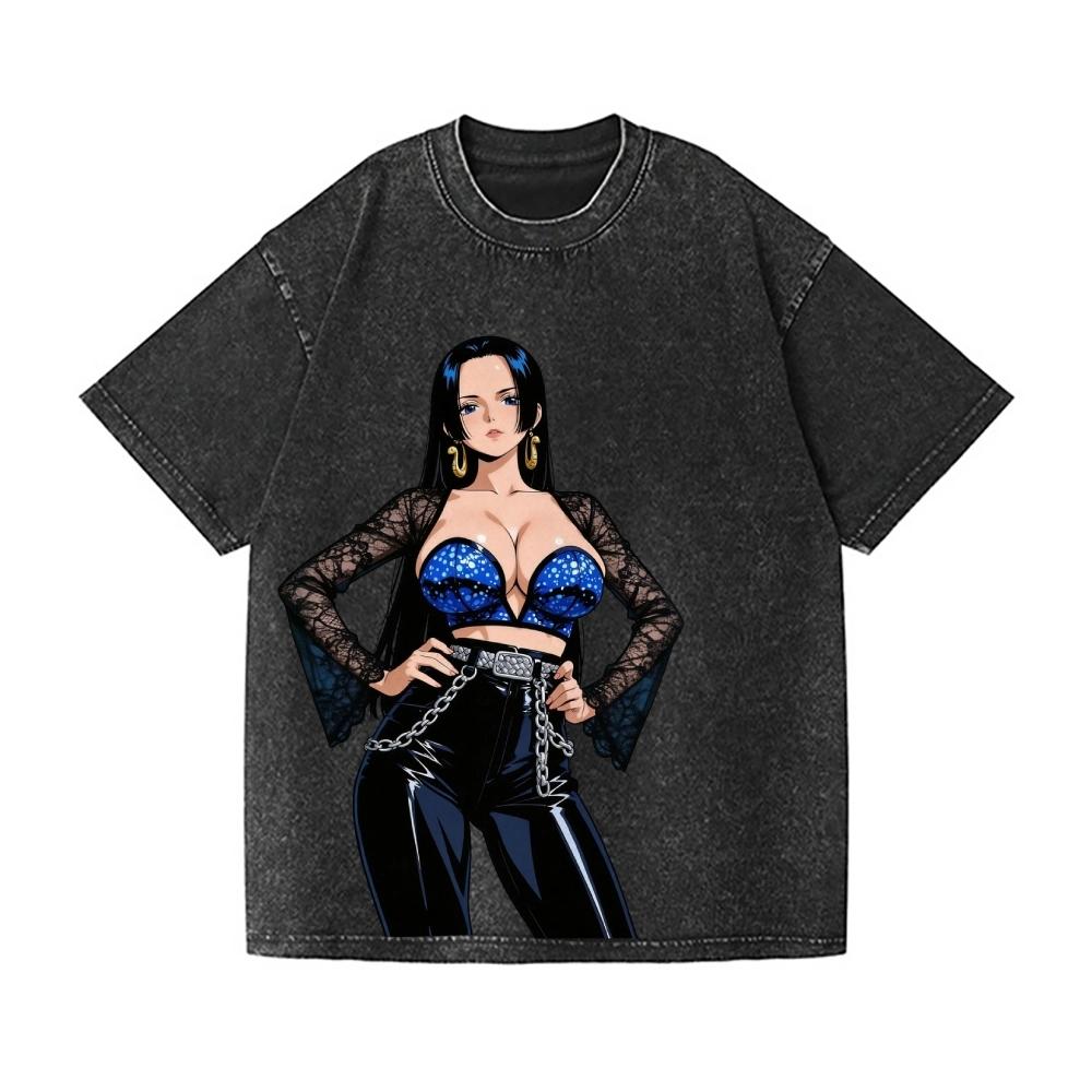 ONE PIECE Boa Hancock Vintage Wash Japanese Design T-Shirt High-quality Streetwear Men's Clothing Women T Shirt