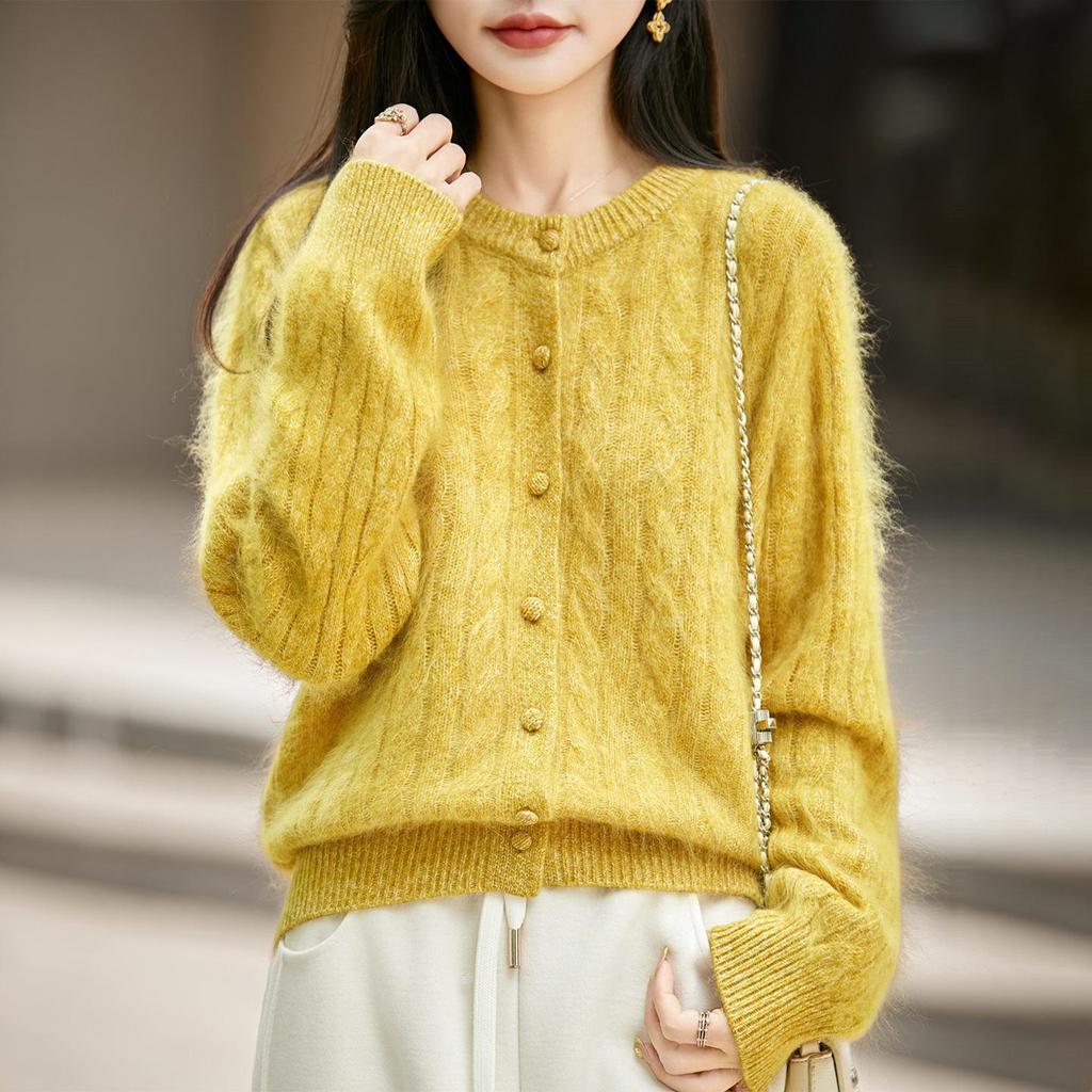 2026 Autumn/Winter Women's Cashmere Wool Cable Knit Cardigan Sweater, Round Neck, Long Sleeve, Brushed Yarn.