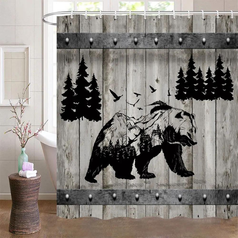 Bear Shower Curtains for Bathroom Wild Animals Rustic Cabin Forest Bear Print Wooden Board Cloth Bath Curtain Set Bathroom Decor