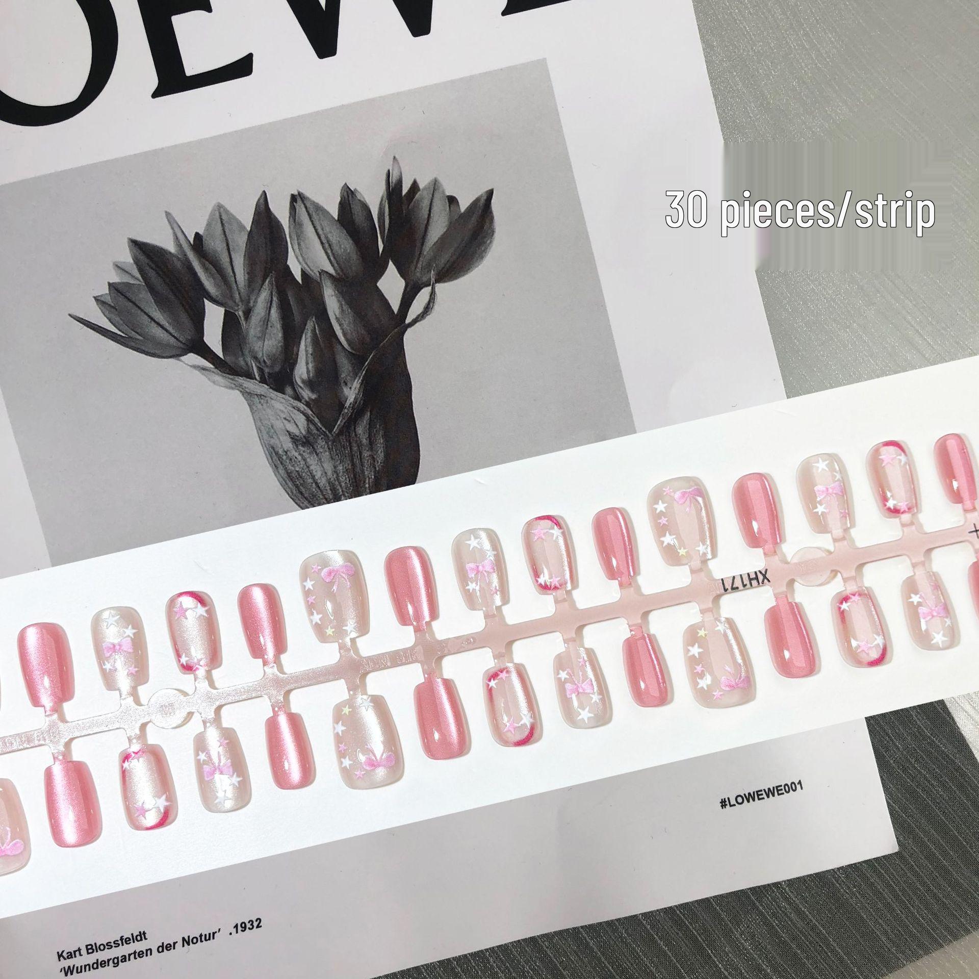 

Принцесса Сладкая Девочка Розовые Кошачий Глаз Бант Накладные Ногти со Звездами - Короткий Маникюр