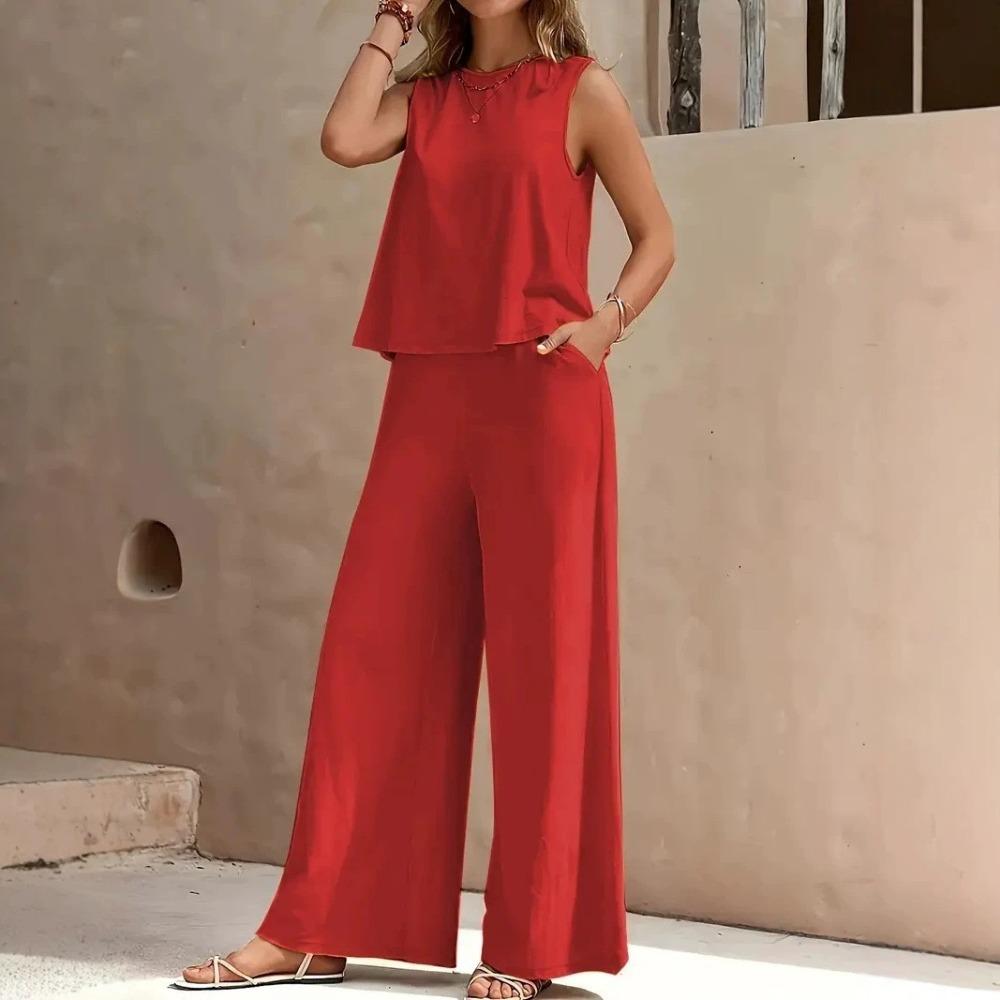 2026 Women's Solid Color Two-Piece Round-neck Blouse and Wide-leg Pants Set