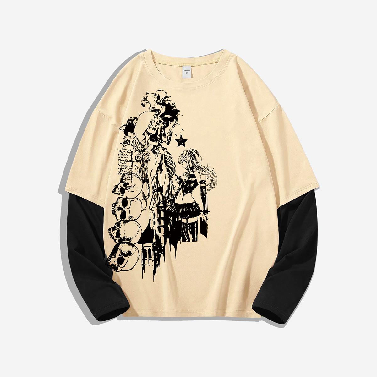 Темная скелетная двухкомпонентная футболка с длинным рукавом: Субкультура Панк Стритвир, Идеально для Пар L бежевый
