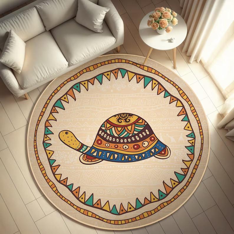 

Bohemian Elephant Round Rug Ethnic Geometric Pattern Floor Mat Soft Non-Slip Circle Carpet for Living Room Bedroom Decor 80cm x 80cm