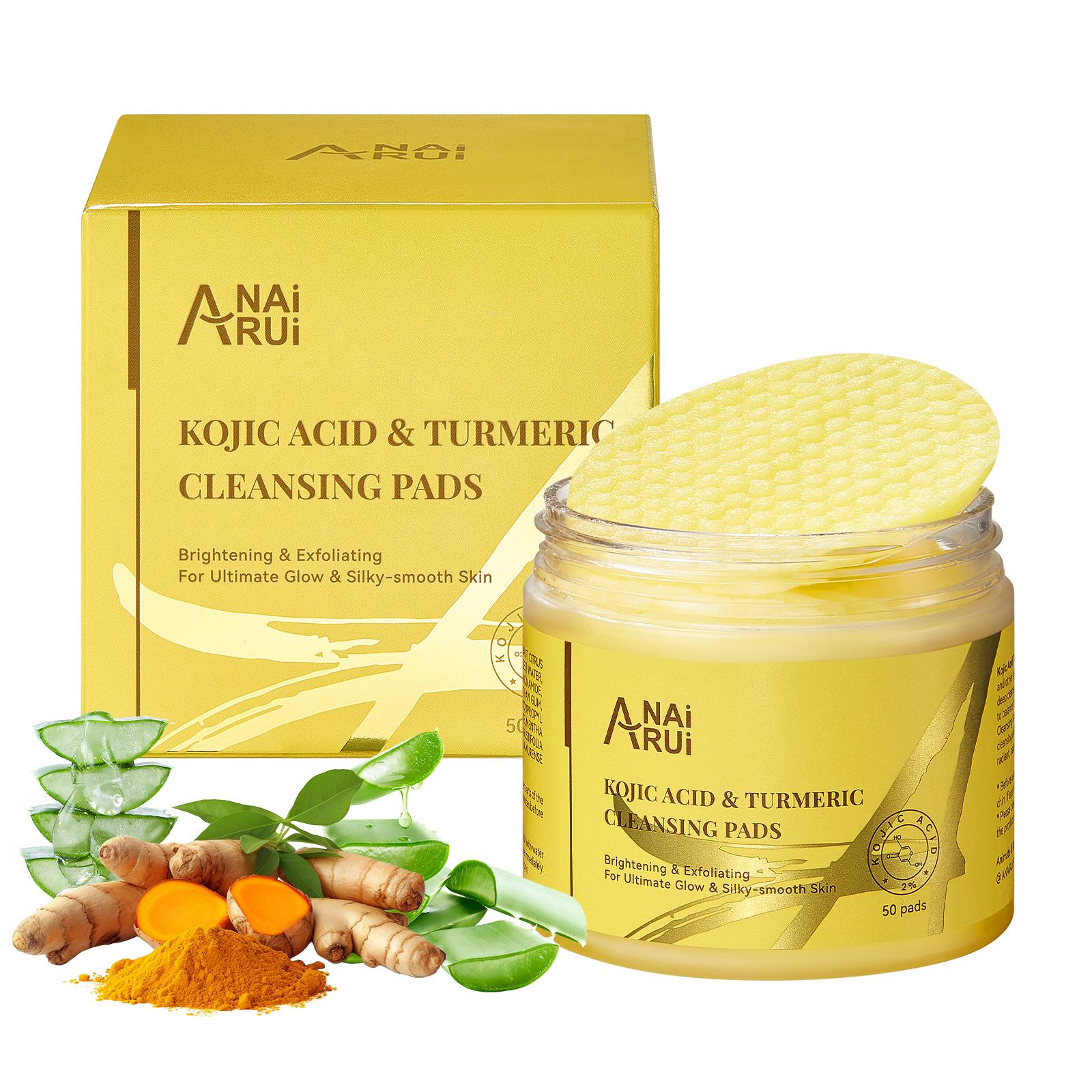 ANAiRUi Turmeric Kojic Acid Cleansing Pads, Exfoliating & Cleansing Face Pads with Niacinamide, 50 Pieces