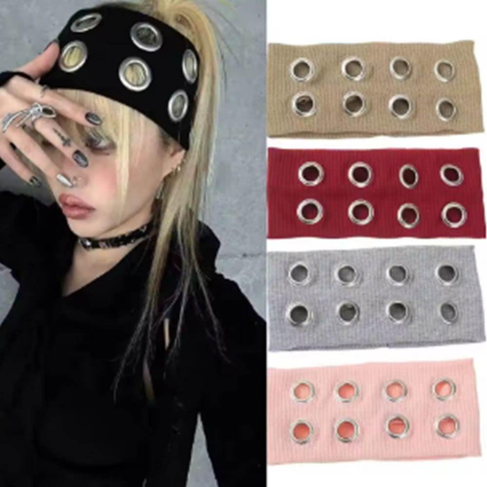 Wide Elastic Rock Head Band Fabric Hollowed Out Eyelets Headband Punk Headwrap  Steampunk