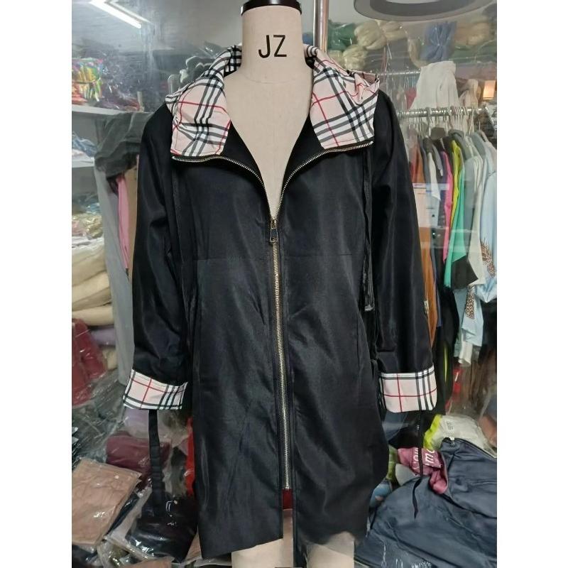 Fashion Trench Coat Women Autumn Winter Solid Color Casual Street Style Cardigan Long-sleeved Hooded Plaid