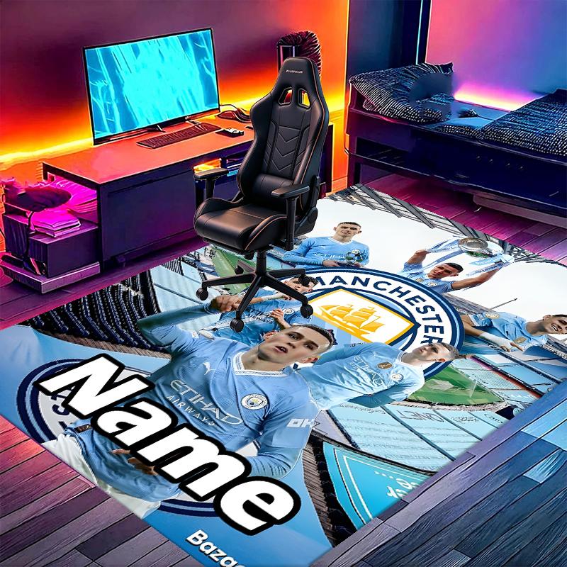 Custom Name Personalized Manchester City FC Print Carpet, Versatile Home Decor Rug, for Playroom, Apartment, Balcony, Entryway, Hallway Gift