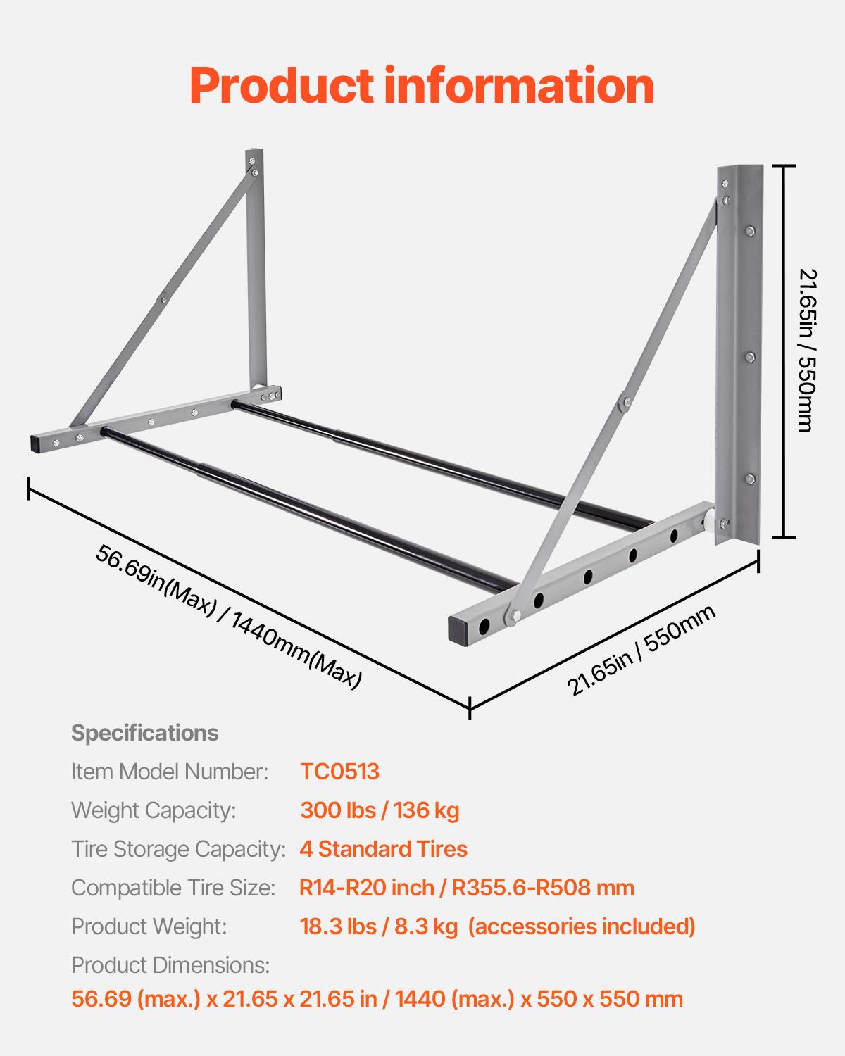 SucceBuy Wall Mounted Folding Tire Rack, 32  - 48  Adjustable Tire Rack, Steel Tire Storage Rack for Garage Workshop Repair Shop