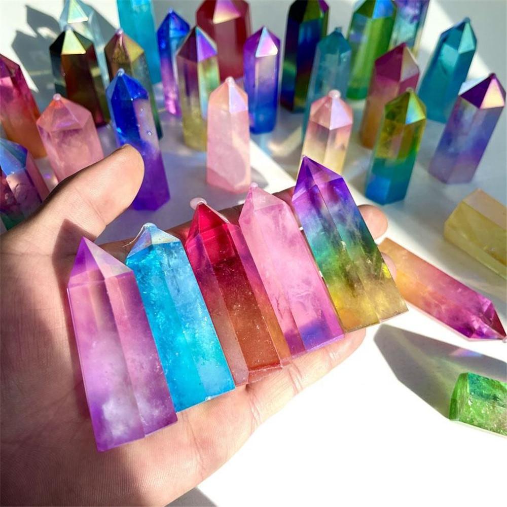 Natural Clear Crystal Tower Electroplated Aura Quartz Wand Point Angel for Home Decoration