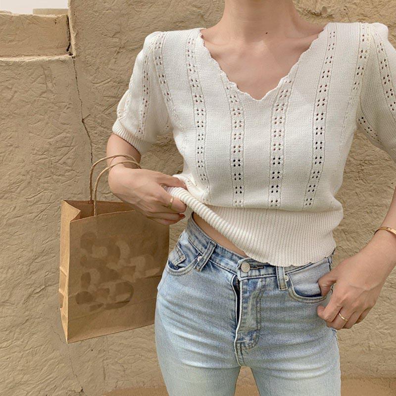 

Летняя тонкая трикотажная женская футболка с v-образным вырезом, однотонная утягивающая футболка с короткими рукавами в корейском стиле