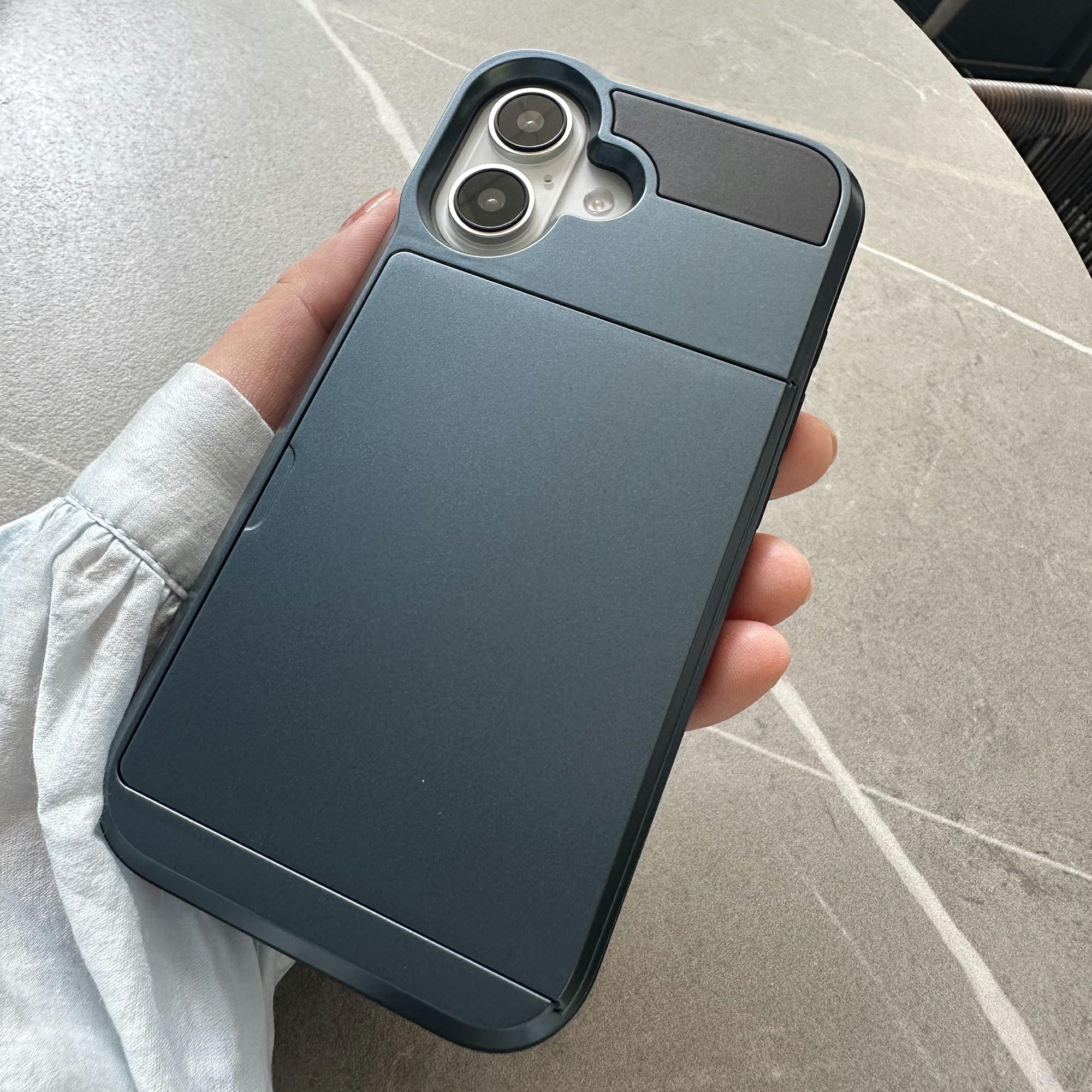 

Чехол для iPhone 16 со сдвижным держателем для карт, задняя крышка телефона из ПК+ТПУ Blue