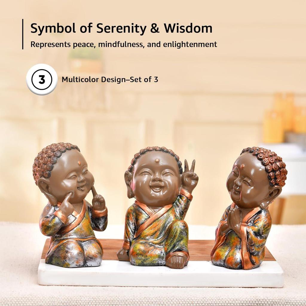 Adorable Trio of Monk Statues | A Symbol of Serenity & Wisdom | Brings Peace & Charm To Any Setting – Pack of 3,Multicolor