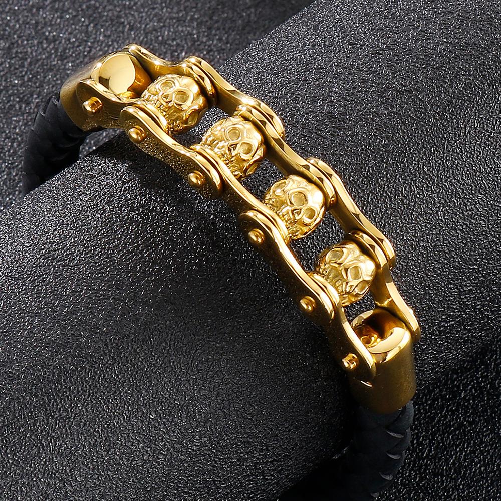 Rotatable Relieve Stress Skull Head Beads Bracelets for Man Punk Gothic Stainless Steel & Leather Motorcycle Biker Jewelry Gifts