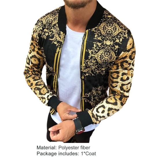 Men Coat Print All Match Round Neck Long Sleeve Leopard Jacket