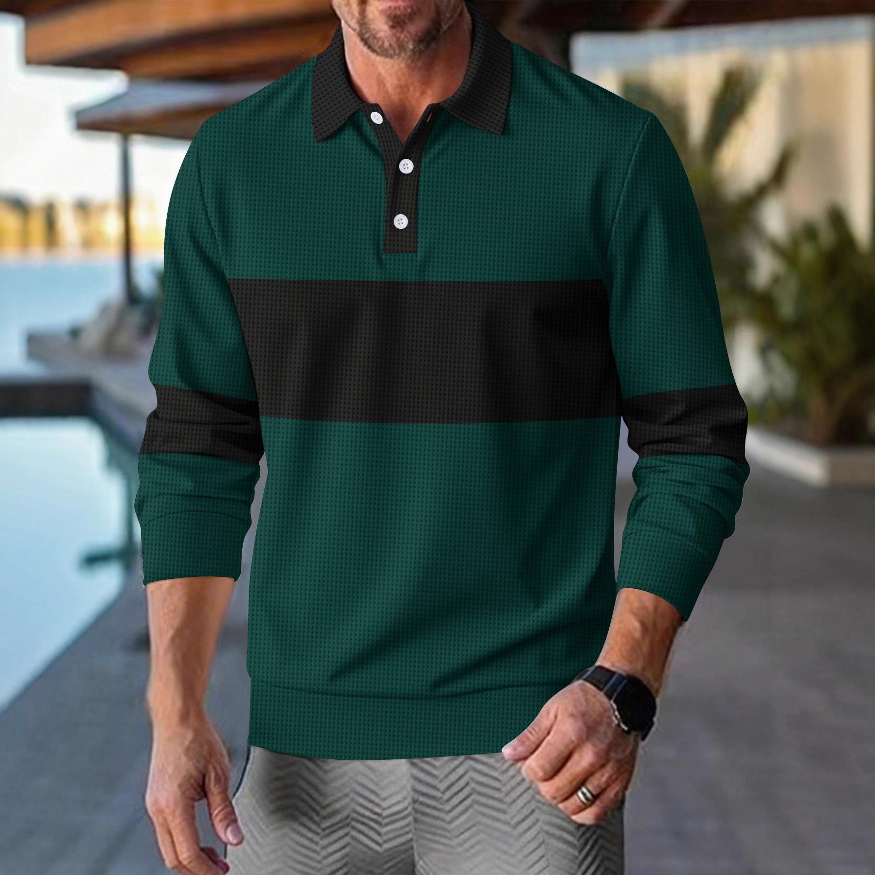 

Men s Autumn 2025 Waffle Lapel Button Color-blocking Casual Polo Shirt Long Sleeve Base Layer T-shirt Men s Fashion S зелений